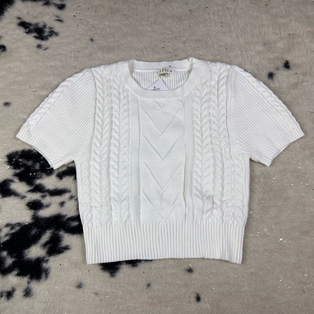 Cefian Fashion Women’s White Short Sleeve Crewneck Knit Midi Crop Top Sweater